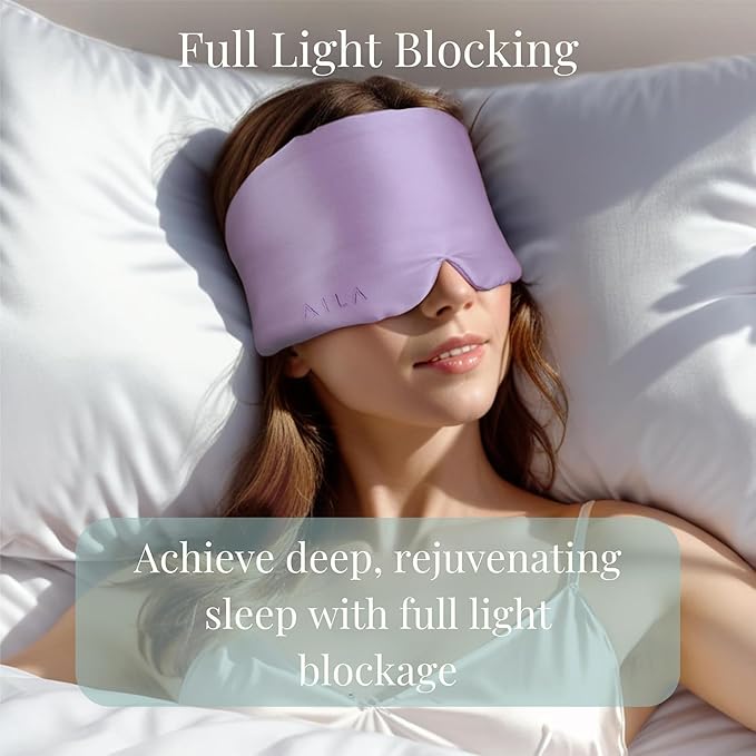 Aila 100% Mulberry Silk Sleep Mask Eye Mask for Men and Women with Adjustable Headband, Full Size Large Sleep Mask & Blindfold for Total Blackout for All Night Sleep, Deep Meditation