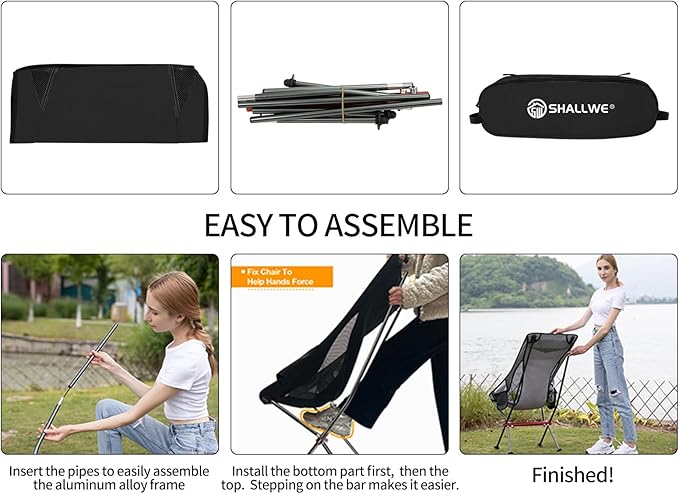 SHALLWE Camping Chairs, All Aluminum Frame Portable Folding Camp Chair for Adults, Heavy Duty High Back Collapsible with Built-in Pillow, Side Pocket, Carry Bag for Backpacking, Hiking, Beach
