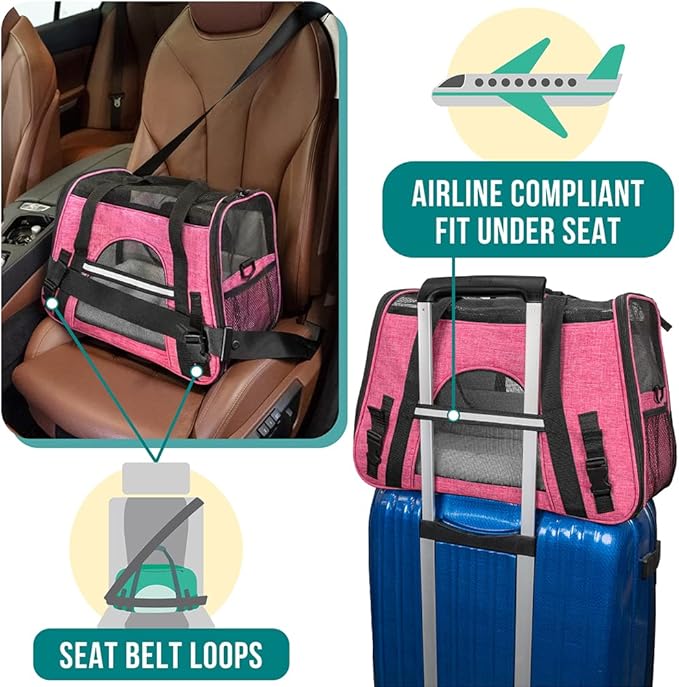 PetAmi Airline Approved Pet Carrier for Cats & Small Dogs, Soft Sided TSA Travel Carrier Bag Sherpa Bed, Breathable Mesh Ventilation, Collapsible Bowl, Fit Under Seat, Up to 18 lbs, Large Heather Pink