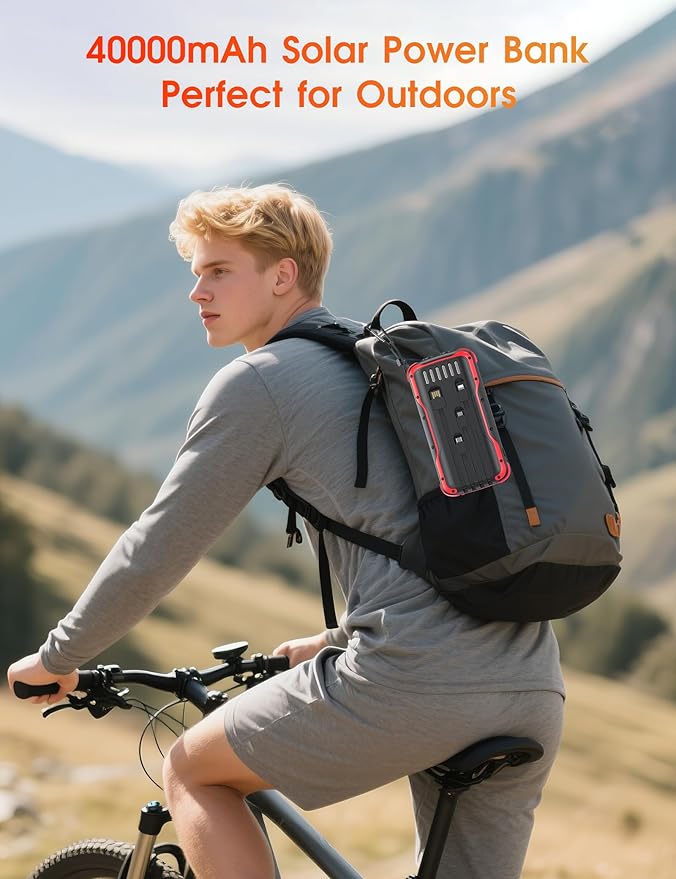 Solar Charger Power Bank, PD 20W Fast Charging External Batter, 40000mAh Portable Phone Charger Built in 4 Cables with Dual Bright Flashlights for Camping, Hiking, and Outdoor Use（RED）