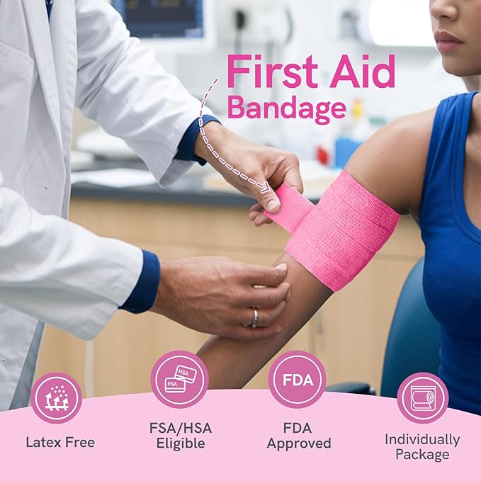 FriCARE Self Adhesive Bandage Wrap, Medical Tape in First Aid Kit, Cohesive Bandages for Wounds Sport Vet, 2 Inches X 5 Yards 6 Rolls, Fluorescent Color