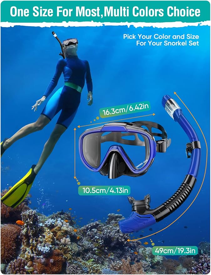 Snorkel Set Adults Snorkeling Gear Anti-Fog Panoramic View Swim Mask Dry Top Snorkel Kit with Carry Bag for Snorkeling Scuba Diving Swimming Travel