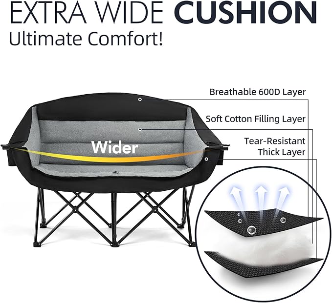 Double Camping Chair Loveseat - 2 Person Oversized Camping Couch for Adults Padded Heavy Duty Outdoor Lawn Beach Portable Folding XL Chairs with Cup Holders and Carry Bag Support 600lbs, Black/Grey