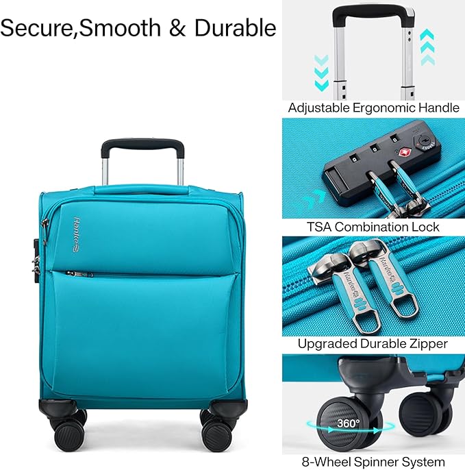 Hanke 16 Inch Underseat Carry On Luggage with Spinner Wheels for Airline, Small Softside TSA Approved Luggage Lightweight Rolling Suitcases Under Seat Travel Carry-On Bag(Caribbean Blue)