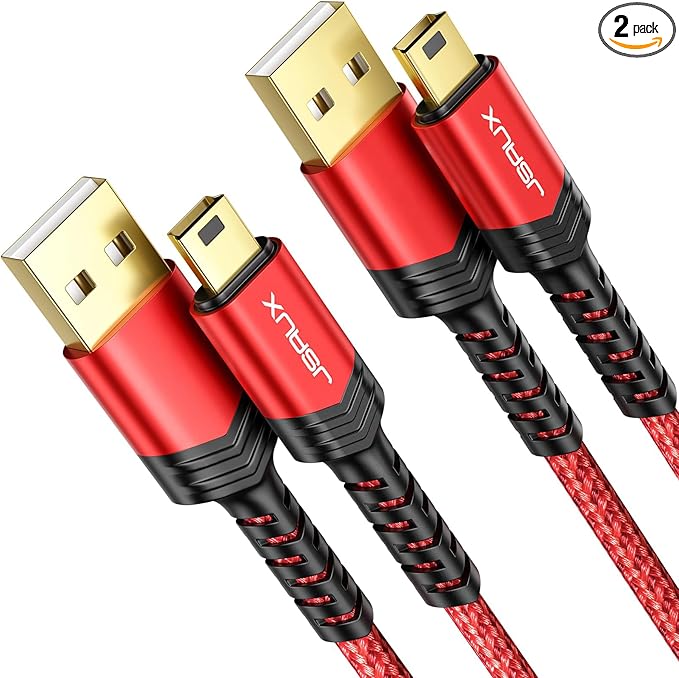 JSAUX Mini USB Cable[2-Pack 3.3ft+6.6ft], USB 2.0 Type A to Mini B Fast Charging Braided Cord for GoPro Hero 3+, PS3 Controller, MP3 Player, Dash Cam, Garmin Nuvi GPS, Camera, Blue Yeti, Red