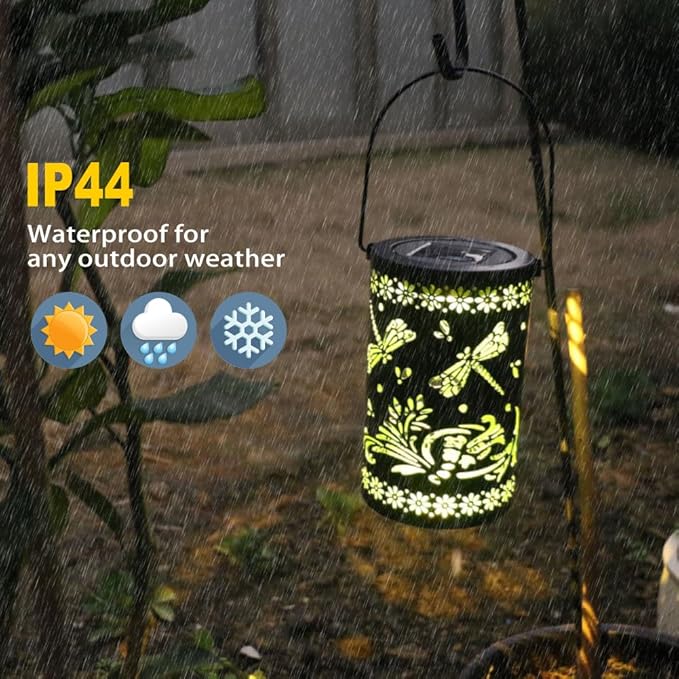 2 Pack Dragonfly Hanging Solar Lanterns Outdoor Waterproof,Black Metal Hollowed-Out Decorative Lanterns Solar Lights for Outside Yard Porch Tabletop Stairs Garden Decor