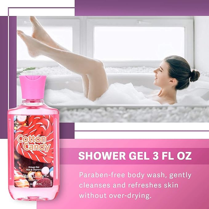 Bath and Body Gift Set, Cotton Candy Scented, 3-Piece Travel Size Collection, Shower Gel, Body Lotion, Body Mist, 3 Fl Oz Each (Cotton Candy)