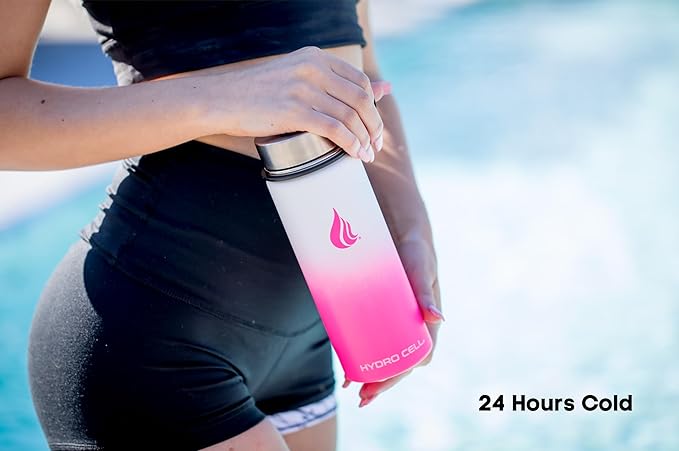 HYDRO CELL Stainless Steel Insulated Water Bottle with Straw - For Cold & Hot Drinks - Metal Vacuum Flask with Screw Cap and Modern Leakproof Sport Thermos for Adults (White/Pink 18oz)