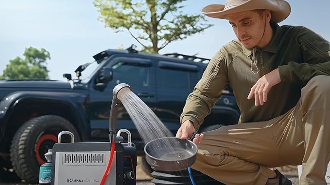 CAMPLUX Nano 3 Pro, Battery Powered Portable Water Heater, 1 lb On-Demand Propane Camping Shower, On Ground Camp Water Heater & Shower Pump