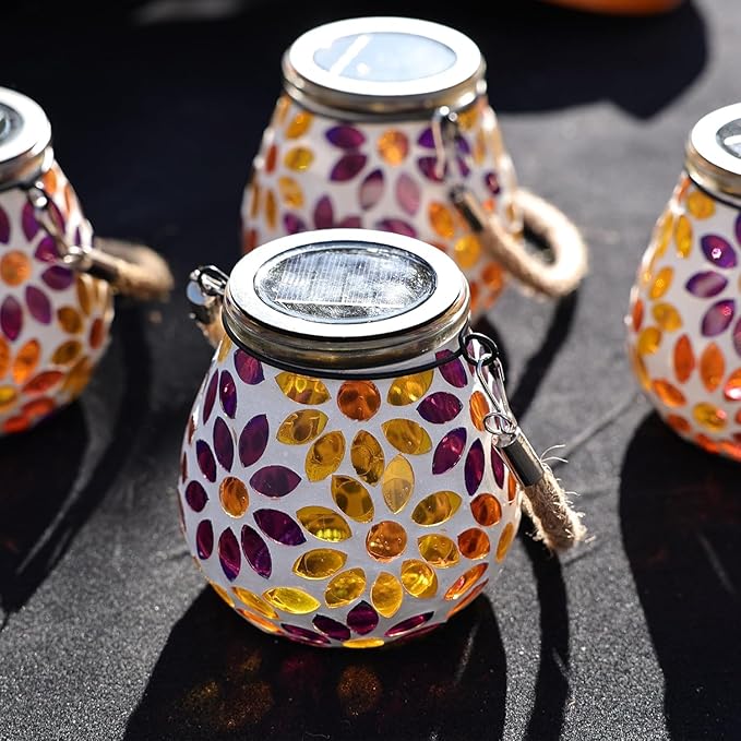 Cooo 4 Pack Mosaic Solar Lantern Outdoor Waterproof IP68 Hanging Projection Light Hidden Lid Pear-Shaped Lantern with Rope Handle Solar Powered Auto On for Patio Garden Fence Table -Petal Mirage