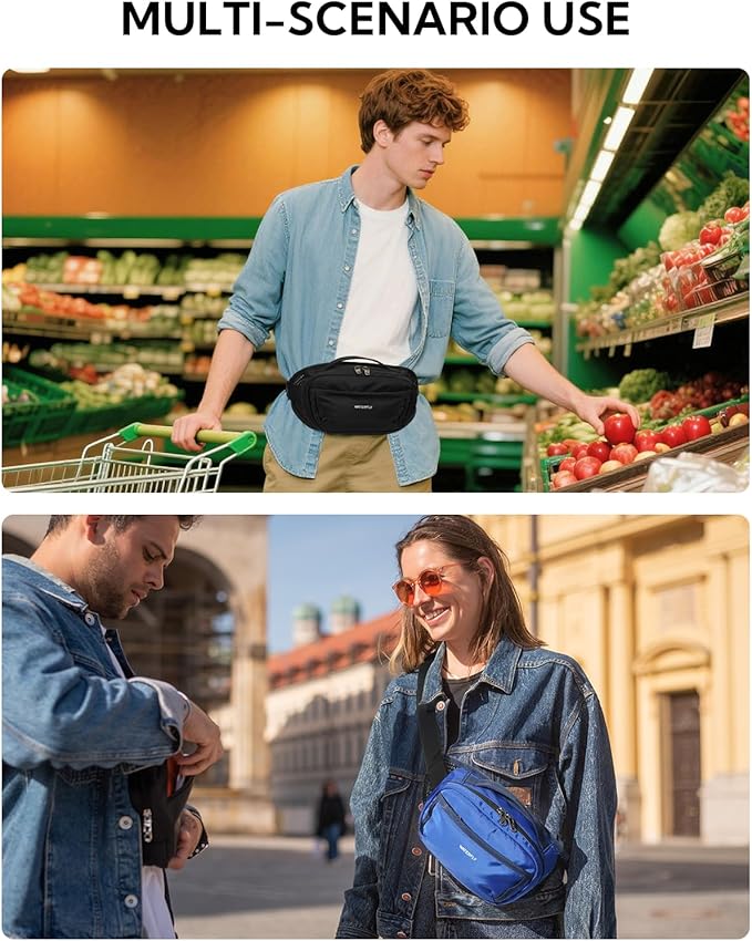 WATERFLY Fanny Pack Waist Bag: Large RFID Blocking Crossbody Bags with Multi-Pockets, Breathable Casual Anti-Theft Hip Pouch for Women Men Traveling Walking Hiking-Navy Blue