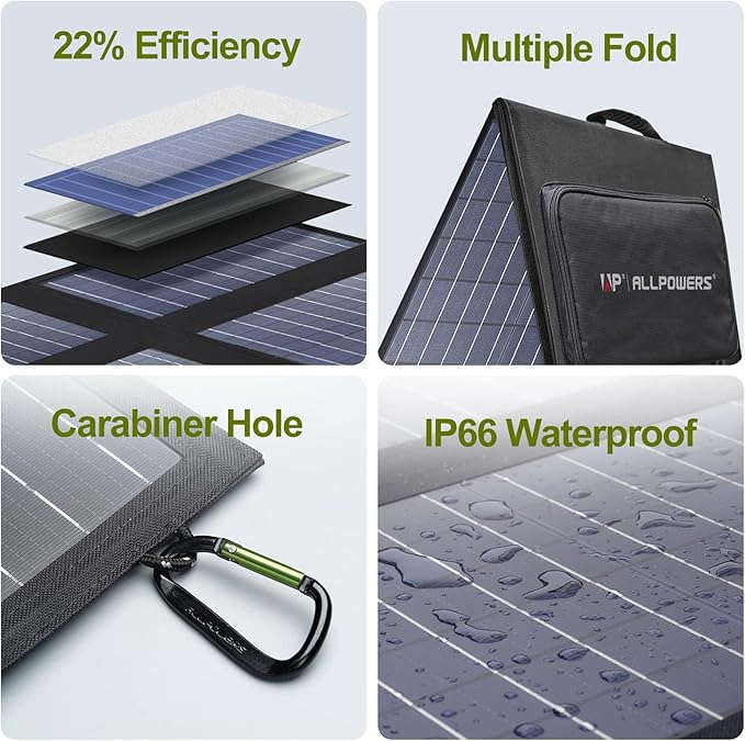 ALLPOWERS 60W Portable Solar Panel Monocrystalline Solar Charger, Durable Power Backup for Power Station RV Camping Fishing Off-Grid Home Use(SP026 (60W)