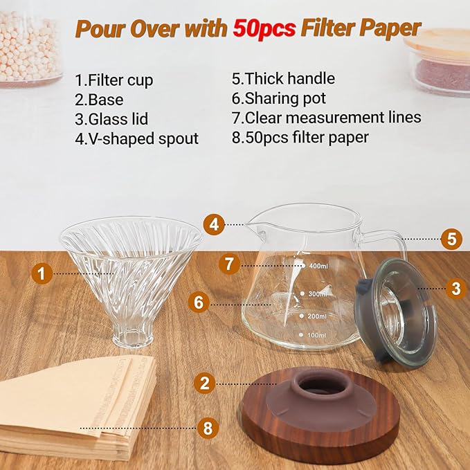 Coffee Pour Over 13.5oz 400ml High Borosilicate Glass Pour Over Coffee Maker Set Camping Travel with 50 Pcs V60 Cone Filter Paper Hand Brew Carafe Drip Suitable for Electric Ceramic Stove