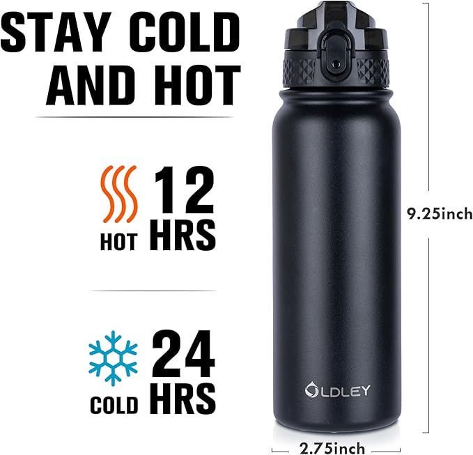 Oldley Insulated Water Bottle 20oz Water Bottles with Straw, Stainless Steel Water Bottle with 3 Lids, Double Wall Vacuum Bottles for Adult Kids, Sports Bottles for School Travel, Black