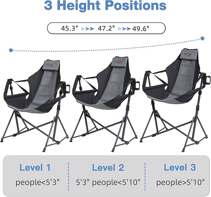 Hammock Camping Chair, 3 Heights Swinging Chair with Adjustable Backrest, Folding Rocking Chair with Head Pillow&Cup Holder, Outdoor Chairs for Camping and Hiking, Supports 350lbs, Black