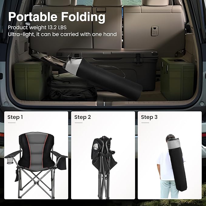 HIGH POINT SPORTS Oversized Camping Folding Chair, Heavy Duty Portable Lawn Chairs, Folding Chairs for Outside with Cup Holder and Cooler Bag for Camp, Travel, Support 450 LBS, 2 Pack, Black