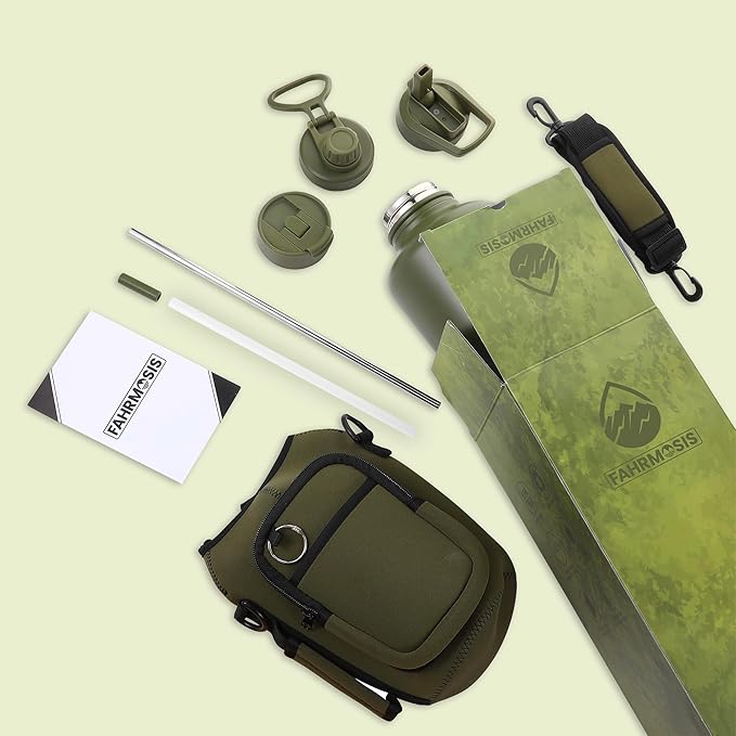 64 Oz Insulated Water Bottle with Strap Stainless Steel Sports Water Bottle with 3 Lids (Straw, Chug and Flip Lid) Leak Proof Metal Half Gallon Jug for Men & Women - Army Green