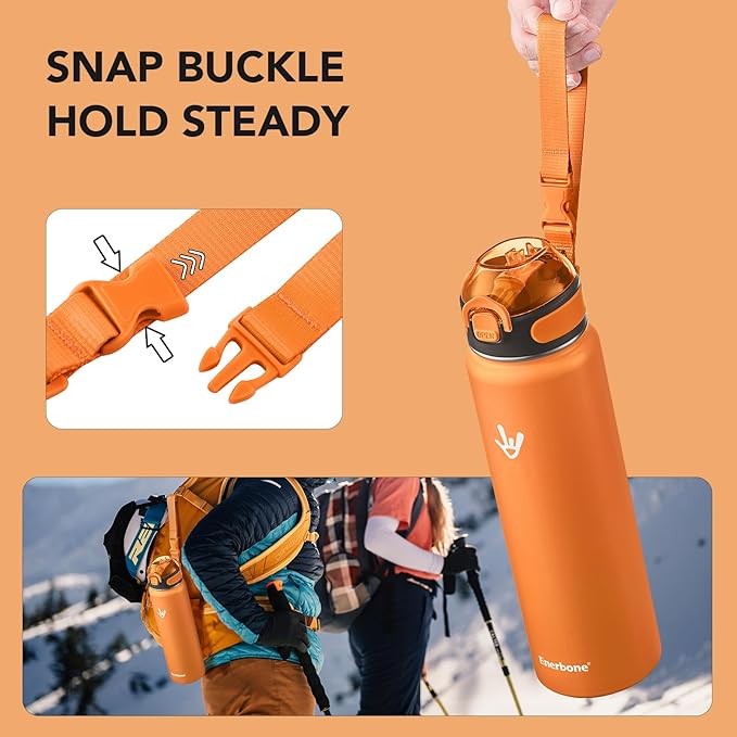 Enerbone 32 oz Insulated Water Bottle, Stainless Steel Bottle with Carrying Strap, Double-Wall Vacuum Insulation Design, Leakproof Sports Bottle with Straw, Keep Drinks Cold or Hot for Hours