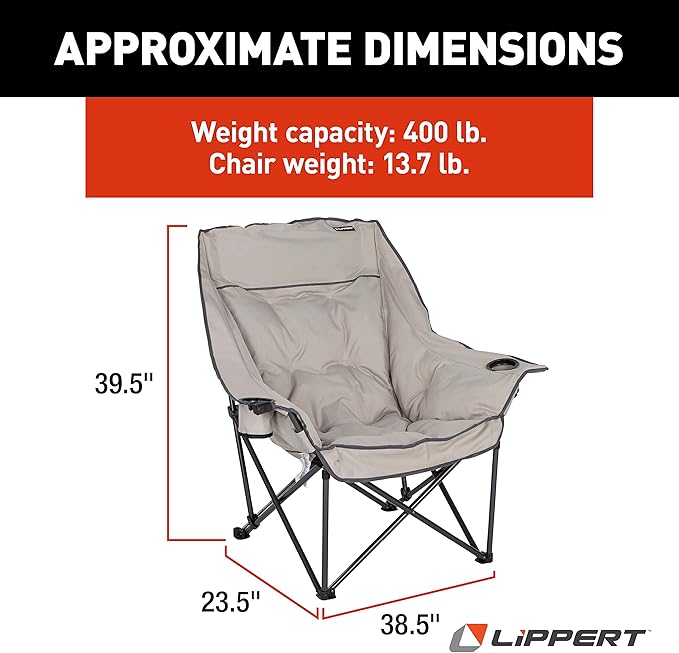 Lippert Big Bear Padded Camping Chair with 400-lb. Weight Capacity, Carry Bag, Durable Mesh Fabrics, High-Loft Cushioning, Dual Cupholders, Stemmed Wine Glass Holder (Sand) - 2021010667