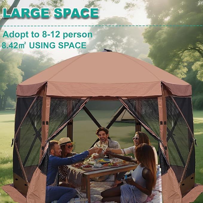 Pop Up Screen Tent, 12'x12' Windproof & UV Protection Sun Shelter, Portable Instant Setup, 6-Sided Screen Tent for Picnic, Camping, Backyard, Outdoor (Brown)