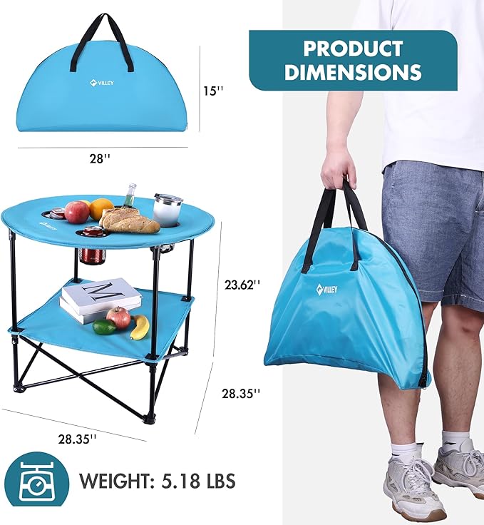 VILLEY Folding Camping Table, Lightweight Double-Layer Round Table with 4 Cup Holders and Carry Bag, Portable Beach Table for Camp, Travel, Fishing, Outdoor Activities, Blue