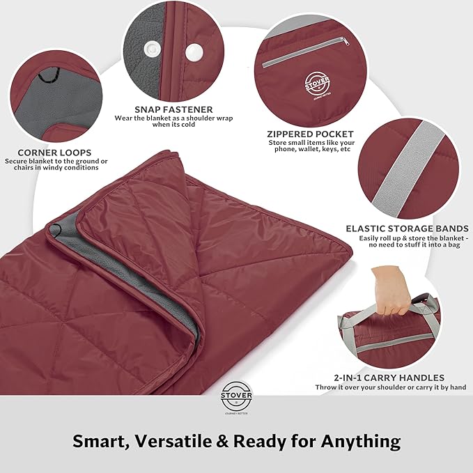 STOVER Waterproof Stadium Blanket – Portable Outdoor Camping Blanket for Travel, Picnics, or Sports – Warm, Windproof, Lightweight, and Packable (Summit Red)
