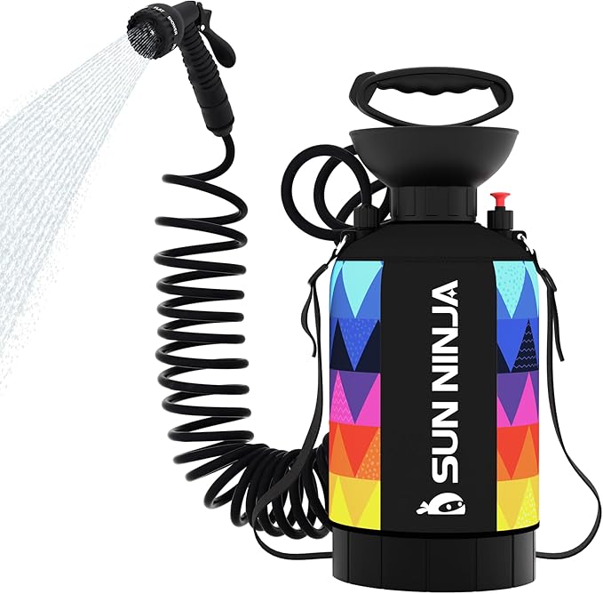 SUN NINJA Portable Shower, Camping Shower with 7 Mode Shower Head, Neoprene Cover Helps Keep Water Warm, High Pressure Hose, Easy to Carry