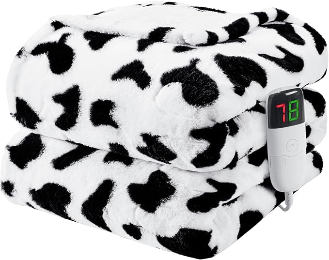 Cow Print Heated Electric Blanket Twin,62X84 Black Heating Blanket with 10 Heats Levels & 8 Hours Auto Off,Cute Cow Decor Fleece Sherpa Blankets Warmer Gifts for Women Couch Office,Washable,ETL