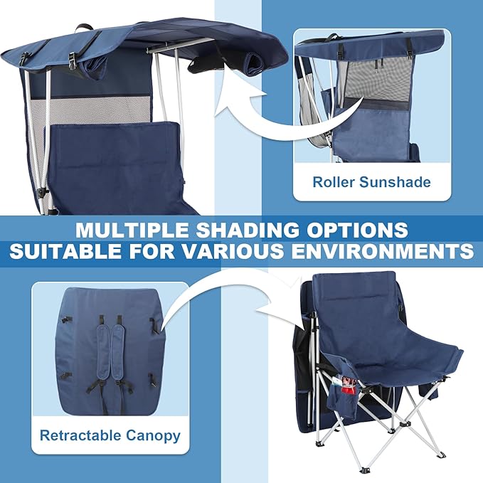 Folding Camping Chairs Canopy Outdoor: Sports Portable Beach Chair with Canopy-Lawn Beach Chairs with Umbrella for Adults-Camping Chair with Shade for Fishing Camp Heavy Duty (Regular, Navy Blue)