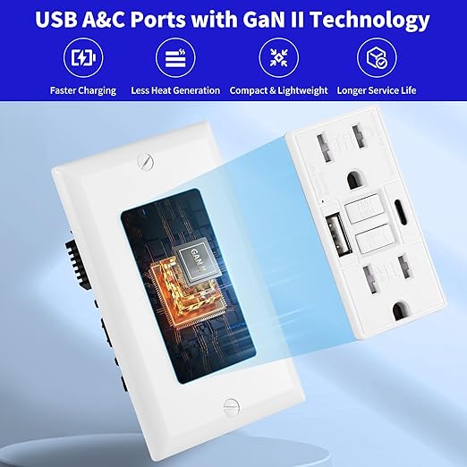 15 Amp Self-Test GFCI Outlet Combination with USB Type A and Type-C, Tamper Resistant Thinner Duplex Outlet, in-Wall, USB Charger for Smartphones, Tablets, Black, 2-Pack
