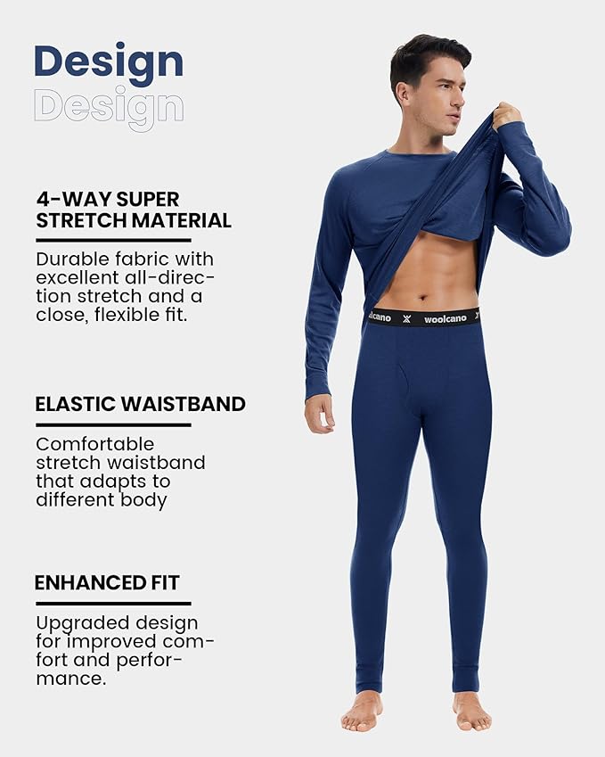 Men's 100% Merino Wool Base Layer Sets Lightweight Active Base Layer for Ski