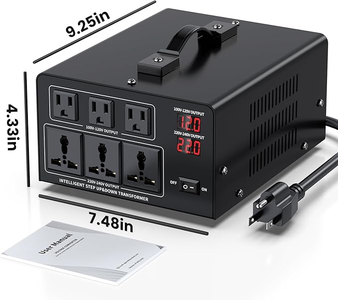 1000W Voltage Converter Transformer Step Up 110V/120V to220V/240V or Step Down 220V to 110V AC Power Converte, Circuit Breaker Protection, 2 US sockets, 2 Universal sockets, LCD Display