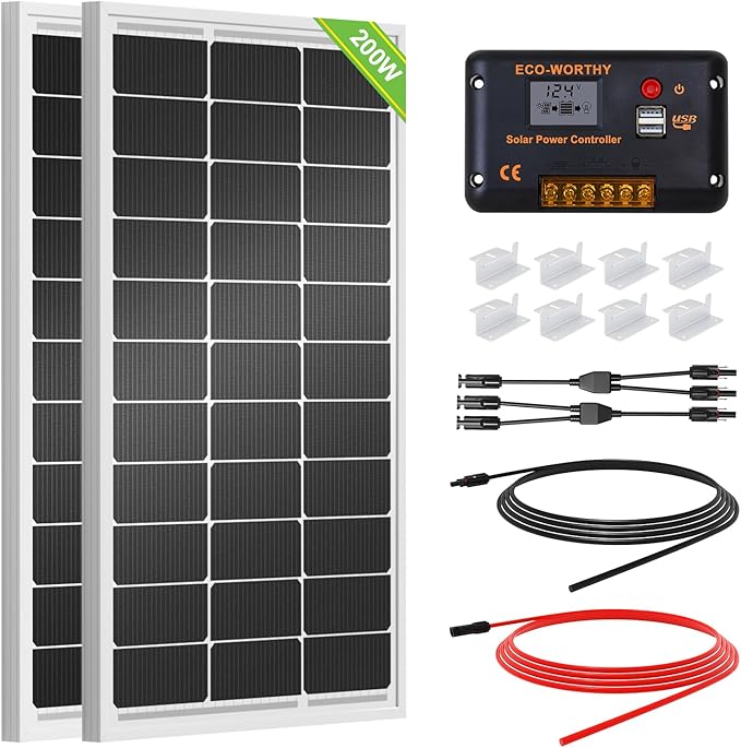ECO-WORTHY 200 Watts 12 Volt/24 Volt Solar Panel Kit with High Efficiency Monocrystalline Solar Panel and 30A PWM Charge Controller for RV, Camper, Vehicle, Caravan and Other Off Grid Applications
