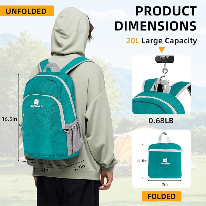 Lightweight Packable Small Hiking Backpack for Women Men - 20L Waterproof Foldable Daypack for Travel, Hiking, and Daily Use, Adjustable Chest Strap, Durable Nylon, Green