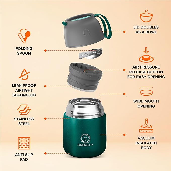 ENERGIFY Vacuum Insulated Food Jar. Large 17oz Bowl incl. Folding Spoon, Cup. Wide Mouth Keep Hot & Cold Drinks Soup Lunch Container for Adults. BPA-Free Stainless Steel, Proof Brilliant Green