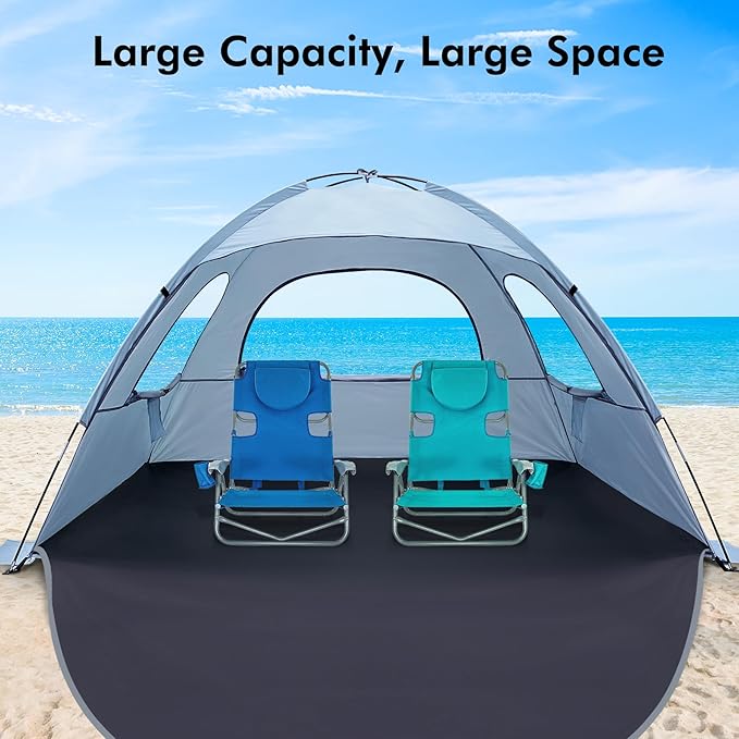 WhiteFang Beach Tent Anti-UV Portable Sun Shade Shelter for 3/4/6/8 Person, Extendable Floor with 3 Ventilating Mesh Windows Plus Carrying Bag, Stakes and Guy Lines