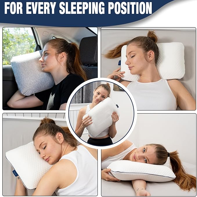 Travel & Camping Comfortable Memory Foam Pillow – Easy to Carry Portable Bag – Temperature Regulating Pillow Case (White + Extra Cover)