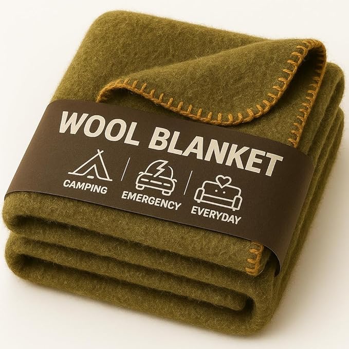 Wool Camping Blanket – 70% Wool Heavy-Duty Military Style Throw, Warm & Washable, Fire Retardant Cover for Emergency, Survival & Outdoor Use – Perfect for Camping, Car, Home & Hiking, Olive 62x84