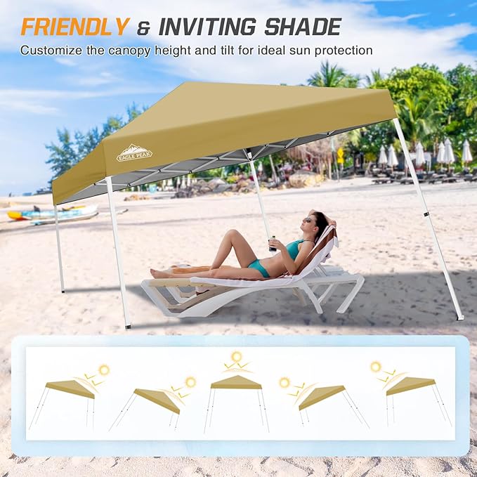 EAGLE PEAK 10x10 Slant Leg Pop-up Canopy Tent Easy One Person Setup Instant Outdoor Beach Canopy Folding Portable Sports Shelter 10x10 Base 8x8 Top (Beige)