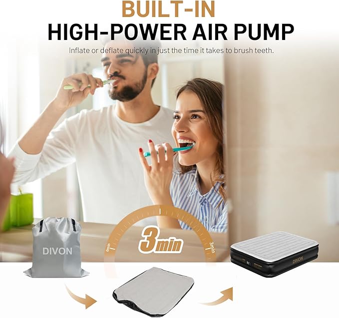 DIVON Air Mattress Queen with Built in Pump,Blow Up Mattress with Wave Pattern in 3 Mins,18'' Quick Inflatable Mattress, Luxury Airbed for Home&Camping,Black,660lbs