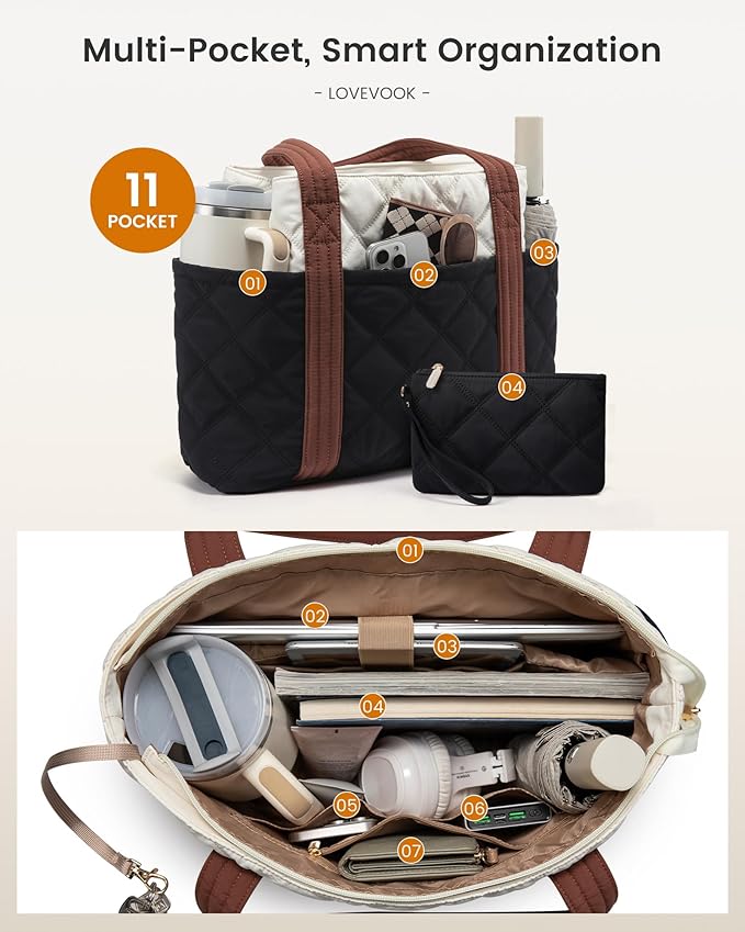 LOVEVOOK Puffer Tote Bag for Women, Puffy Work Handbag, Travel Shoulder Carry On Bag with Zipper for Teacher Nurse Gym