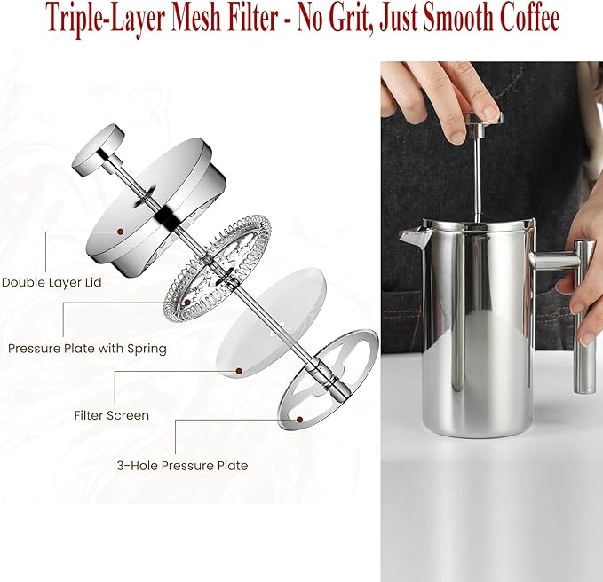 French Press Coffee Maker, 34 Oz Stainless Steel, Triple Mesh Filter, Double Wall Insulated, for Coffee & Tea, Portable for Home, Office, Camping & Travel