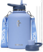 Coolflask 64 oz Water Bottle with Strap, Insulated Half Gallon Large Water Jug with Straw & Spout Lids, Stainless Steel Metal Flask, Keep Cold 48h Hot 24h, Leak Proof & Non-BPA, Dutch Blue
