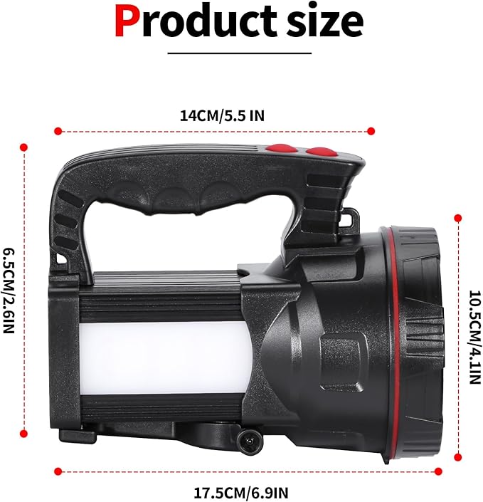 Superbright LED Handheld Searchlight Tactical Waterproof Spotlight High Power Rechargeable Flashlights with Side Light USB Power Charger (White Light)
