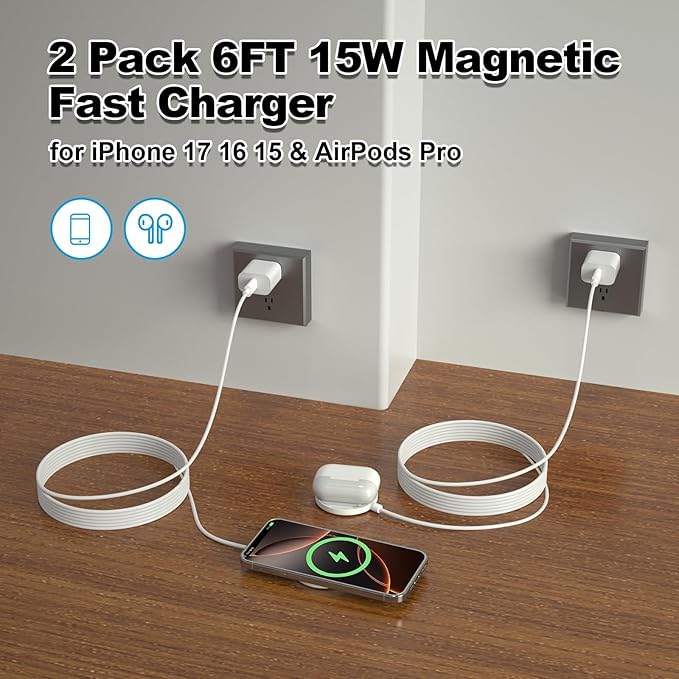 [Apple MFi Certified] Magnetic Wireless Charger Apple MagSafe Charger 6FT Fast Wireless Charging Pad 15W Magnetic Charger for iPhone 17 16 15 14 13 12 11 Pro Max Plus/AirPods 2 3 4 Pro 2 3 [2 Pack]