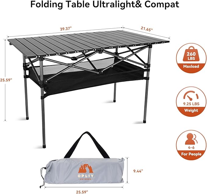 Opliy Portable Folding Camping Table for 4-6 Persons Aluminum Collapsible Table Lightweight with Carry Bag for Camping, Hiking, Picnics, BBQ, Beach Trips & Tailgating