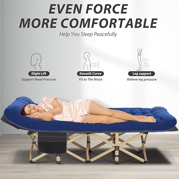 Folding Camping Cot for Sleeping, Portable Cots for Adults, Heavy Duty Cot Bed 550LBS(Max Load), Extra Wider Cots with Large Pocket for Outdoor, Office, Beach