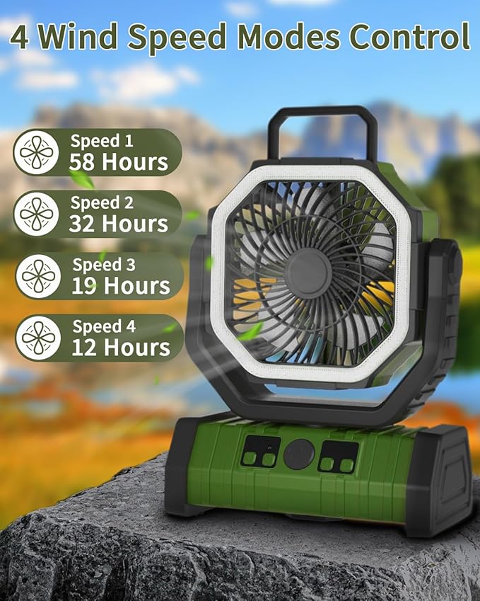 ADUST Camping Battery Powered Fan with LED Light 20000mAh Rechargeable Portable, Oscillating Cordless USB Desk Fan with Rotation Hanging Hook for Tent, Canopy, Beach, Outdoor Travel(Green)