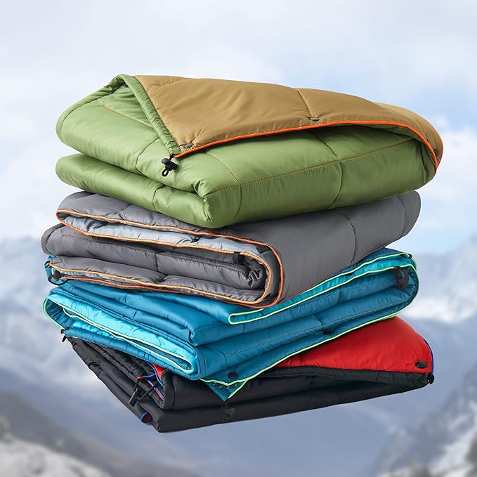 UNIKOME Outdoor Packable Camping Blanket, Lightweight Travel Blanket, Dual-Sides Waterproof Puffy Down Alternative Blanket with Snap Clasps, 75"×52", Lake Blue&Sky Blue