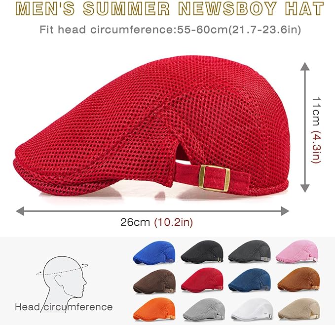 2 Pack Men's Mesh Cap Breathable Summer Newsboy Hat Adjustable Beret Ivy Cap Irish Cabbie Driving Hunting Hats